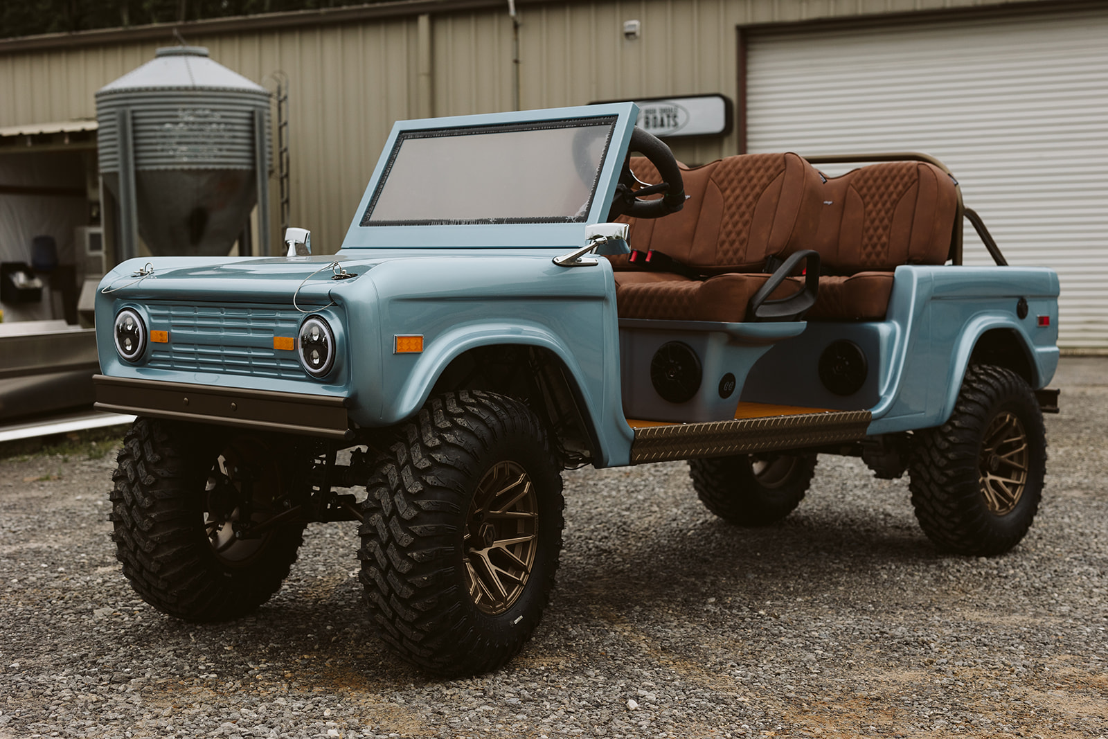 Heritage blue Retro Ride, front 3/4 view with brown leather