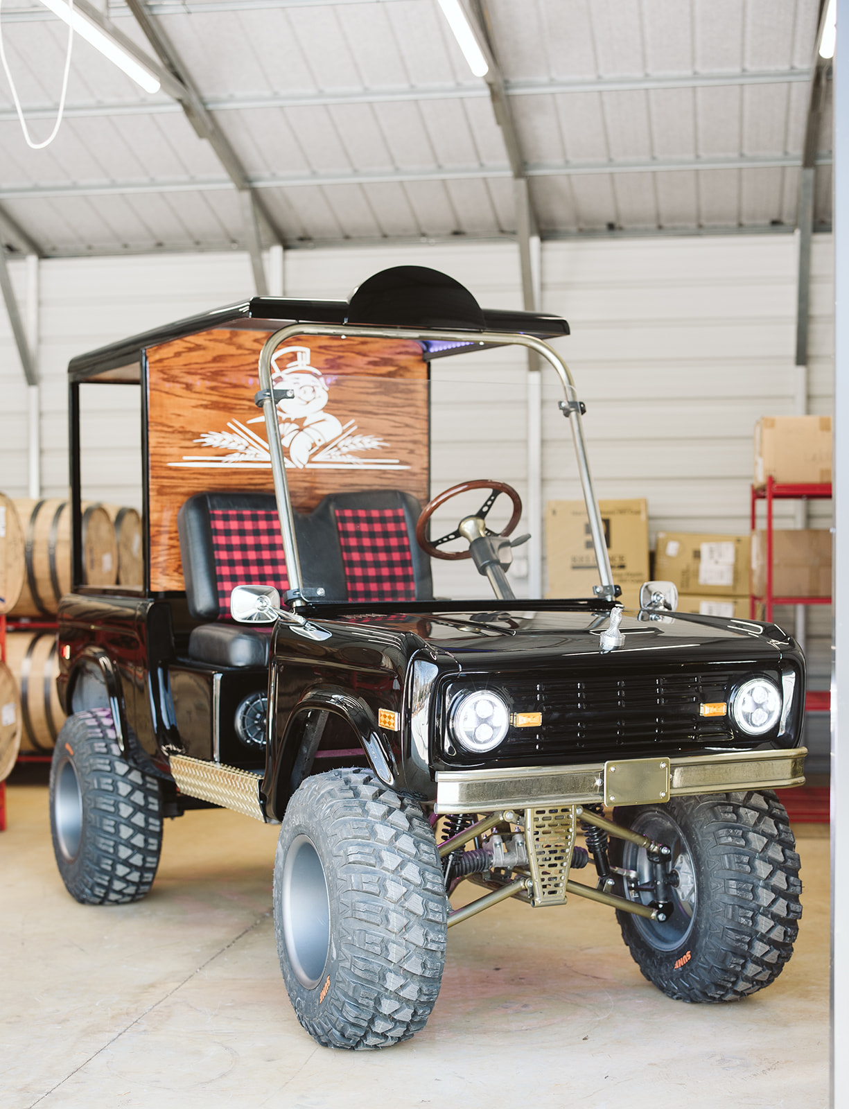 Custom one-off build for Whiskey Pig, plaid seats and wood grain detail